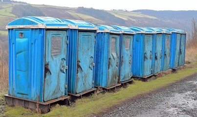 Row of blue portable toilets outdoors