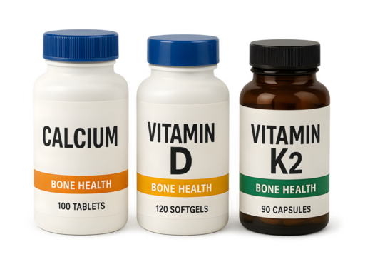Bottles of dietary supplements for bone health, including Calcium, Vitamin D, and Vitamin K2, each with specified quantities. Concept Calcium Supplements, Vitamin D Dosage, Vitamin K2 Benefits