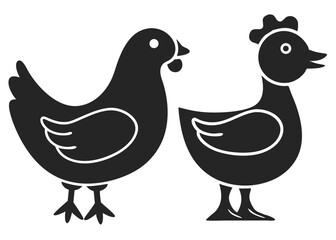Minimalist black silhouette design of a hen and duck facing each other vector illustration