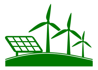 Renewable energy sources illustration of solar panels and wind turbines