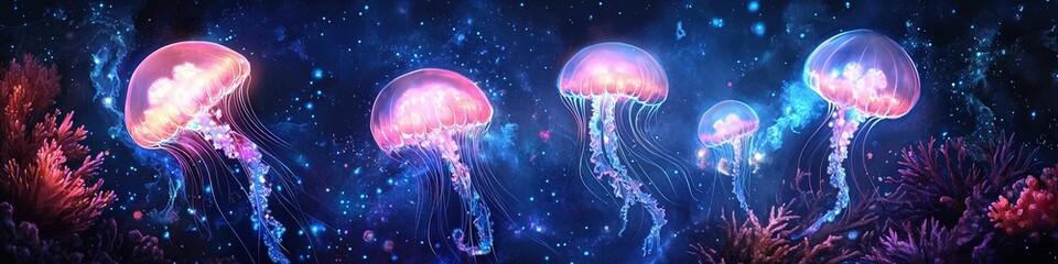 Naklejka premium Luminous jellyfish floating in a dark ocean with coral formations, a magical scene of marine life for world ocean day and sea animal lovers