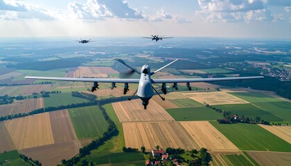 Fototapeta premium Military Drones Flying Over Rural Landscape