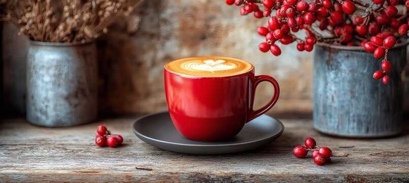 Maroon ceramic coffee cup with foamy top on matte saucer against neutral surface highlighting soft lighting comfort mood warm tones and tasteful beverage presentation,
