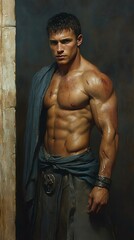 A strong, muscular warrior with defined abs and a rugged appearance, showcasing strength and determination in a dramatic pose.