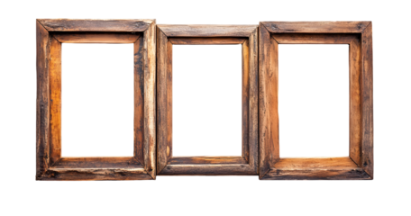 Horizontal arrangement of three empty picture frames, each with a different shade of brown and gold. The frames appear weathered and aged, adding a rustic aesthetic.