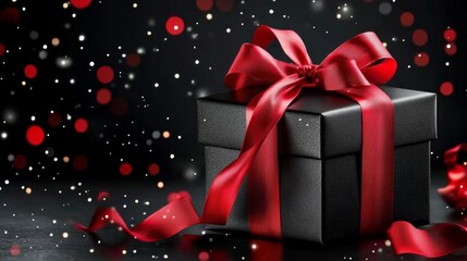 A beautifully wrapped gift box adorned with a bright red ribbon.