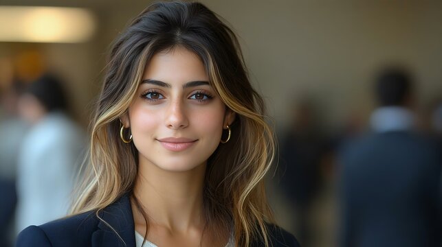 Portrait of a confident young woman with long hair, smiling softly, against a blurred background, representing professionalism and approachability.