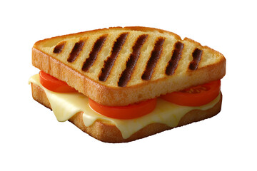 3D style grilled panini with melted cheese, fresh tomato slices, basil leaves on toasted bread. Ideal for vegetarian meals, Italian cuisine, healthy lunch visuals, Isolated on transparent background