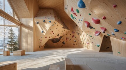 Light-filled indoor climbing gym with geometric wooden walls and colorful holds