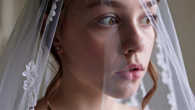 Emotional bride behind veil: capturing prewedding anticipation and reflection