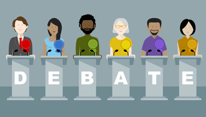 Diverse group of politicians partaking in a political debate. Editable vector available.