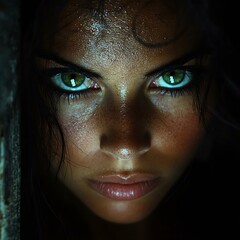 Intense close-up portrait of a woman with striking green eyes and wet skin, capturing emotion and allure in dramatic lighting.