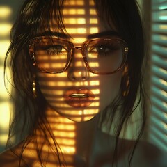 A close-up portrait of a woman with oversized glasses and dramatic lighting creating shadow patterns. Beautiful, artistic, and trendy.