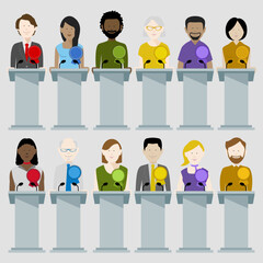 Diverse group of politicians standing at rostrums partaking in a political debate. Editable vector available.