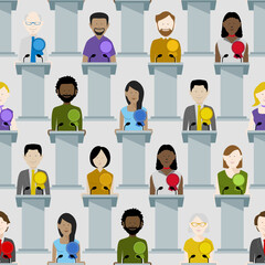 A seamless background pattern design with a diverse group of politicians at rostrums. Editable vector available.