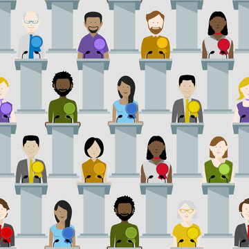 A seamless background pattern design with a diverse group of politicians at rostrums. Editable vector available.