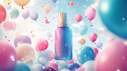 Cosmetic bottle floating. Many colorful balloons around. Party atmosphere. Decoration and festive mood. Blue pink and violet pastel colors. AI generative
