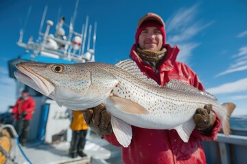 Obraz premium Deep Sea Fishing Trip: Fisherman Holding Large Cod Catch on Boat Deck, Sunny Blue Sky Background, Outdoor Adventure Photography