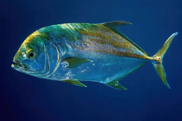 Fototapeta premium Golden Trevally Fish Photo: Close-up of Vibrant Swimming Jack Fish in Dark Blue Ocean Water, Underwater Marine Life Photography