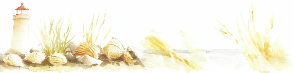 Obraz premium Watercolor background with lighthouse, shells and grass. Ocean theme design for greeting card, banner, or invitation. World oceans day concept.