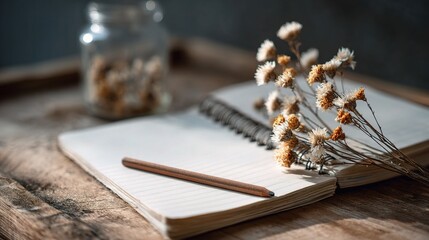Open Sketchbook with Pencil and Dried Flowers on Wooden Table