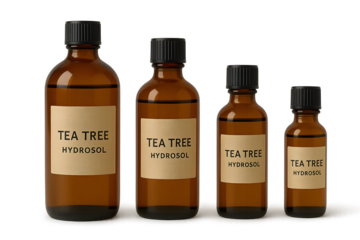 A set of amber glass bottles labeled Tea Tree Hydrosol in various sizes. Concept Amber Glass Bottles, Tea Tree Hydrosol, Variety of Sizes, Aromatherapy Products, Natural Skincare Solutions