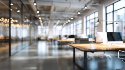 Blurred Background of a Modern Office Interior with Soft Lighting