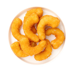 Many tasty tempura shrimps isolated on white, top view