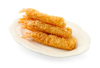 Many tasty tempura shrimps isolated on white