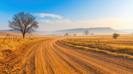 Fototapeta premium A dusty dirt road texture with tire tracks visible under the hot sun, providing a rural and adventurous backdrop.