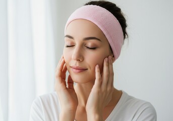 Woman with pink headband touching her face, eyes closed in relaxation