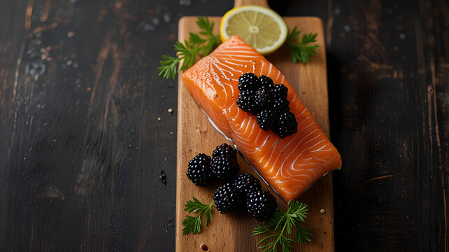 Salmon Fillet with Black Caviar on Wooden Board