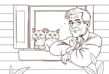 Fototapeta premium Charming Illustration Man and Two Cats Gazing from Window