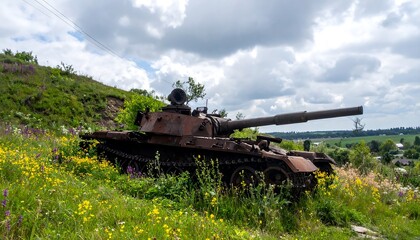Fototapeta premium Rusty Tank on Wildflower Hillside Under Cloudy Sky