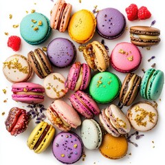 A delightful assortment of colorful macarons, filled with flavors like pistachio cream, raspberry jam, 