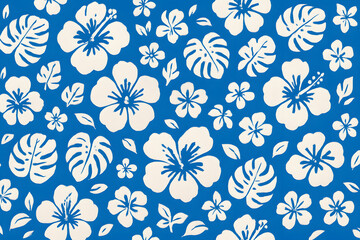 青い背景に白いハイビスカスとモンステラのトロピカルパターン