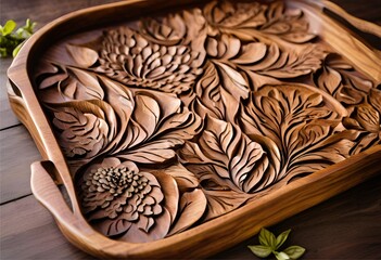 Beautifully hand-carved tray crafted from genuine solid hardwood, showcasing intricate patterns and natural texture.
