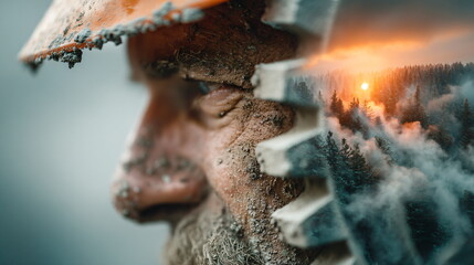 Double exposure photo of a man wearing a helmet with a forest fire and sunset. Concept image symbolizing hard labor, firefighter, forestry worker, construction site.