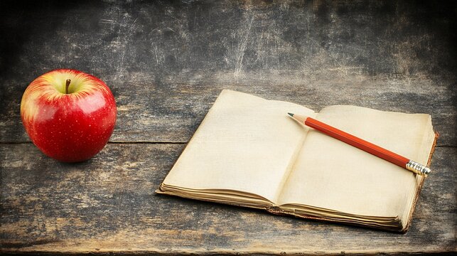 A red apple next to an open book with a pencil on a wooden table against a dark textured background