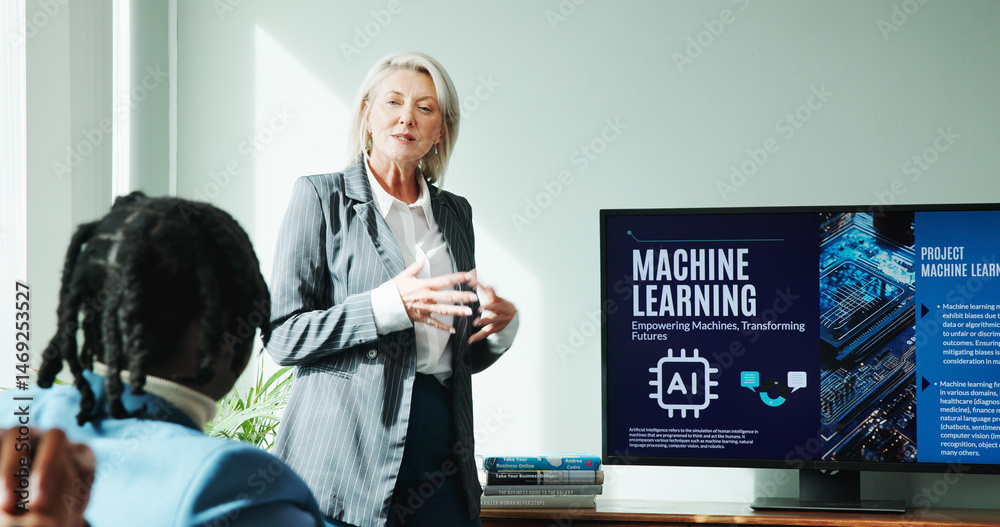 Poster Woman, speech and screen for meeting with workshop, presentation and employee engagement. Data analyst, seminar and explain with speaker, AI training and briefing for advice for machine learning