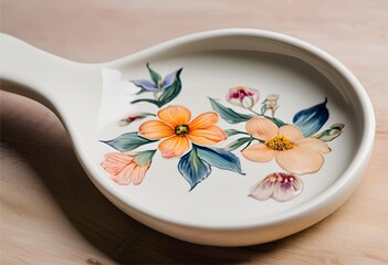 Delicately hand-painted ceramic spoon featuring a vibrant floral pattern, perfect for charming table settings.
