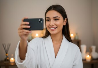 Smiling woman in robe taking selfie with smartphone at spa