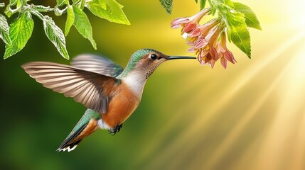 A hummingbird flapping its wings rapidly while feeding from a flower in a sunny garden, capturing the dynamic motion of nature.