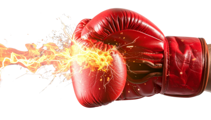 Boxing glove crackling with energy, mid-punch isolated on transparent background in Png format