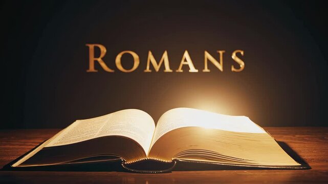 Illuminated bible opening: glowing pages reveal romans in dramatic light