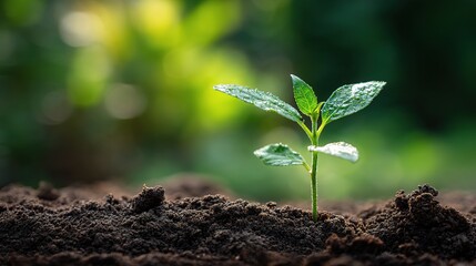 Fototapeta premium Young Plant Growing on Dry Soil with Green Background and Light