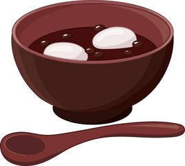 Red bean porridge with bird's eggs served in a wooden bowl and wooden spoon