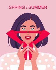 Fashionable surprised woman holding red high heels near her face. Bright vector illustration for spring and summer fashion or shopping themes.