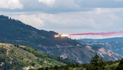 Aircraft Releasing Red Smoke Over Lush Green Hills
