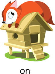 Preposition of place. Fox ON the henhouse